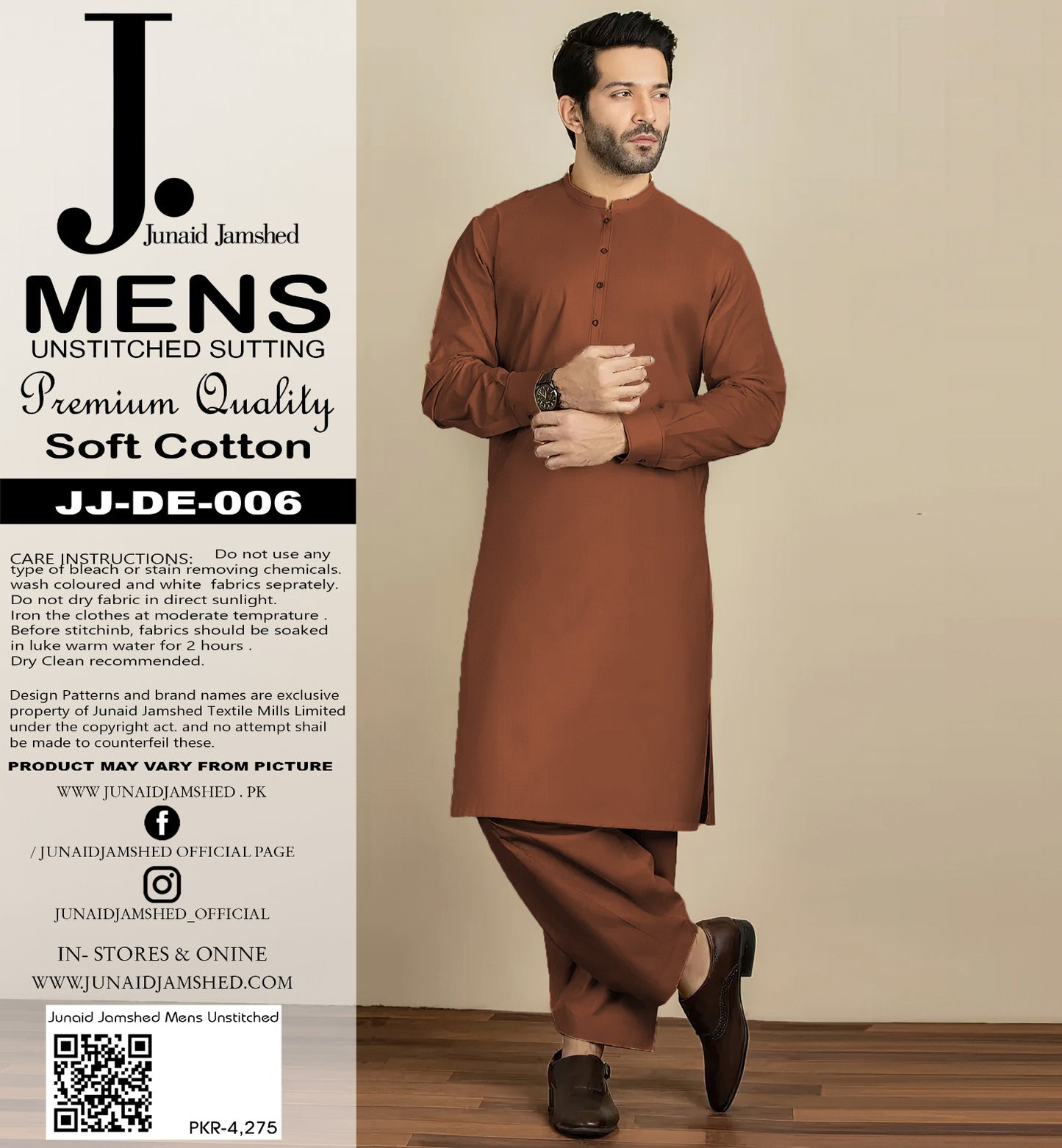 ✨ Junaid Jamshed Men's Unstitched Soft Cotton Suiting ✨