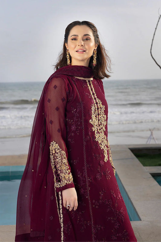 Luxury Embroidered Maroon Chiffon Suit