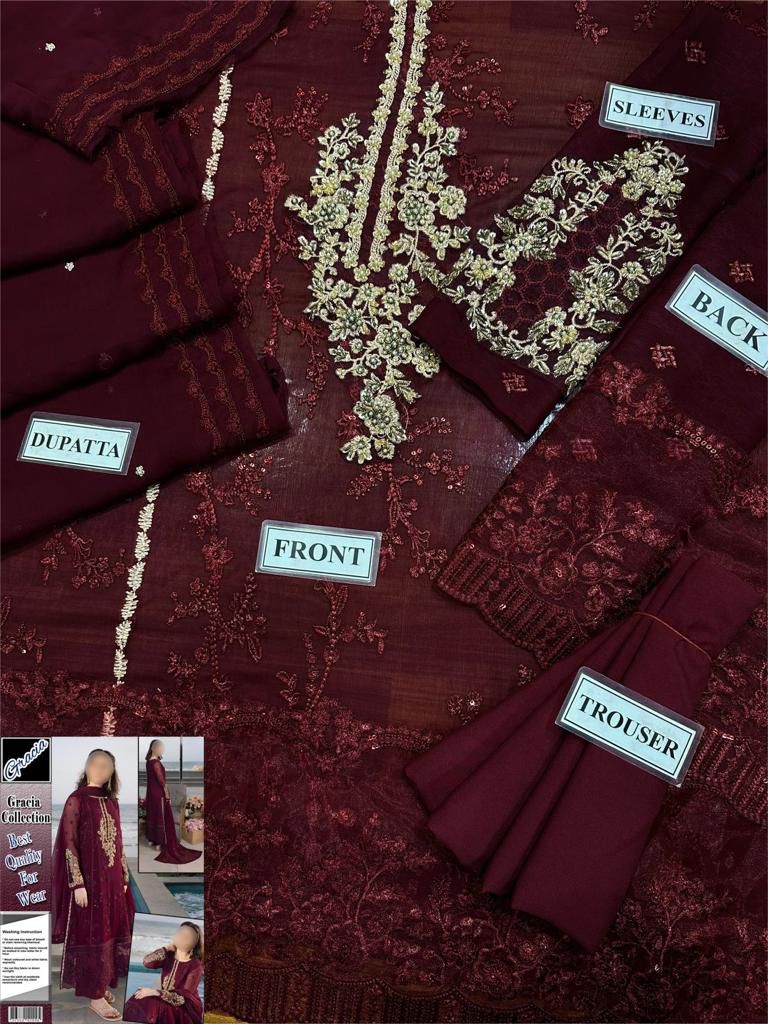 Luxury Embroidered Maroon Chiffon Suit