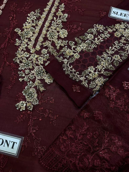 Luxury Embroidered Maroon Chiffon Suit